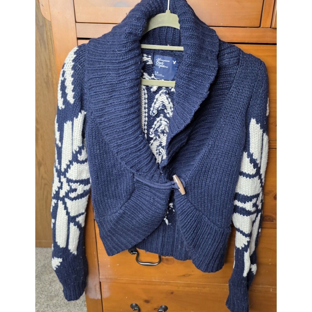 American Eagle  Cardigan Sweater Size Large Chunky Y2K Snowflake Toggle Blue